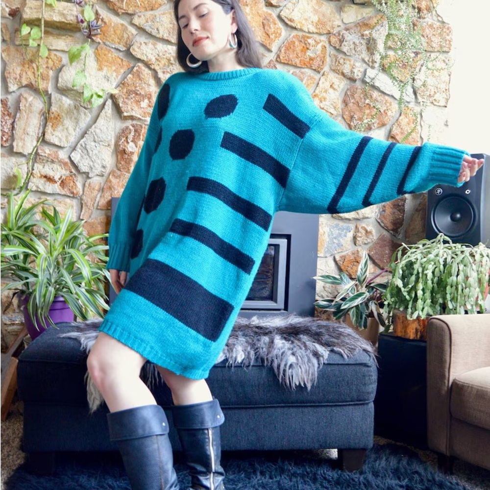 Vintage 80's Turquoise Green Abstract Pop Art Short Oversized Sweater Dress